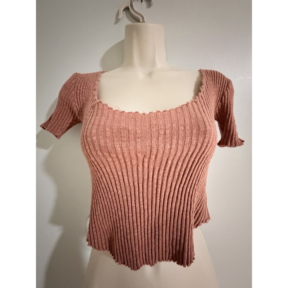 Zara Trafaluc Mauve Terra Cotta Knit Stretchy Ribbed SS Shirt Crop Top S